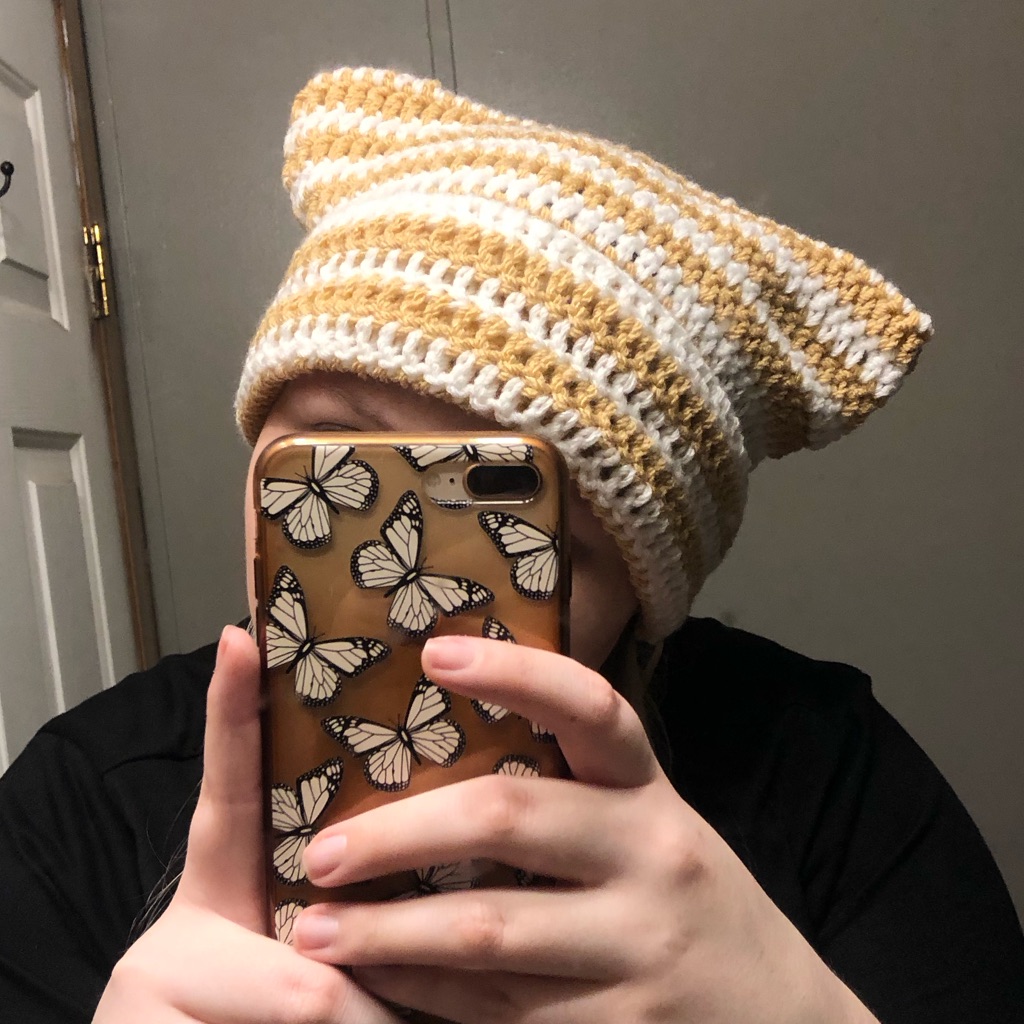 Tan And White Crochet Cat Ear Beanie